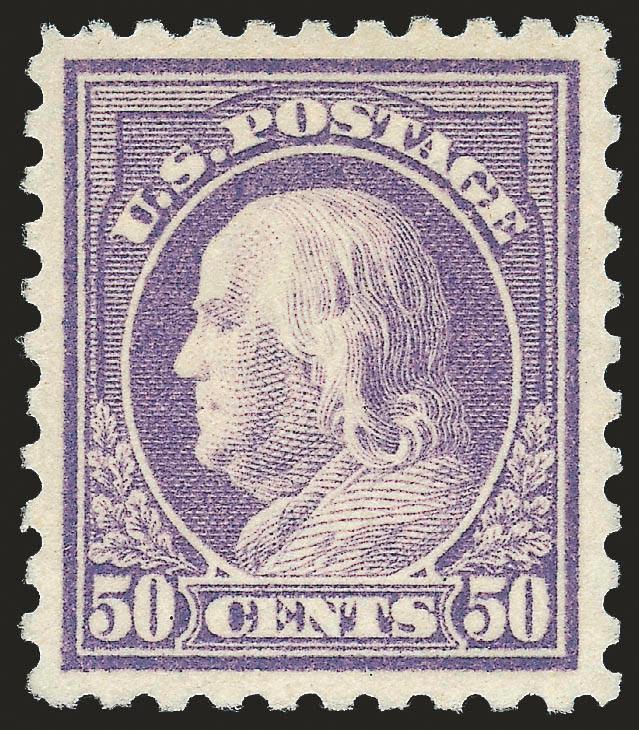 50c Violet (440).> Mint N.H., radiant color on post-office fresh paper, unusually choice centering with wide and balanced margins<><>^EXTREMELY FINE GEM. A SUPERB MINT NEVER-HINGED EXAMPLE OF THE 50-CENT
FRANKLIN, SCOTT 440.^<><>With 2002 and 200