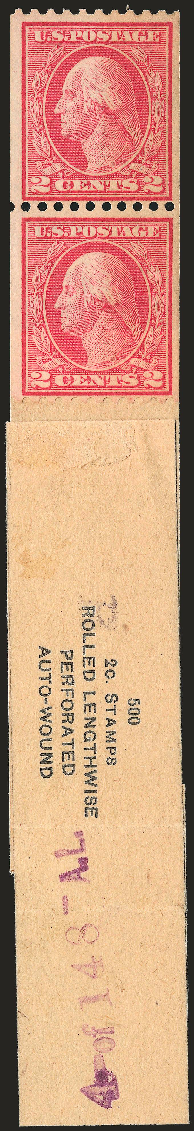 2c Red, Ty. I, Coil (449).> Mint N.H. pair attached to <lead-in strip from end of the coil roll> with printed 500 2c stamps rolled lengthwise perforated auto-wound, also with purple printed 4-of 148 -
A.L.<><>^VERY FINE. A RARE MINT NEVER-HINGE