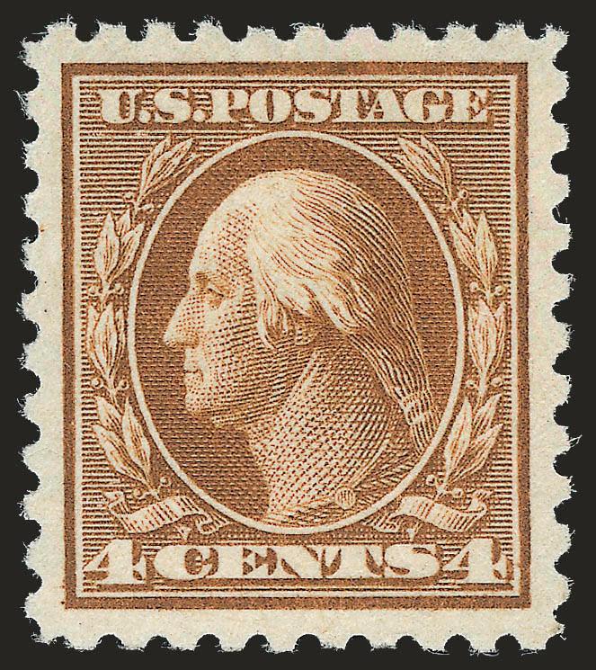4c Orange Brown (465).> Mint N.H., radiant color, crisp impression, mathematically perfect centering, long and full perforations all around<><>^EXTREMELY FINE GEM. THE PINNACLE OF PERFECTION -- THIS STUNNING
STAMP HAS ACHIEVED THE GRADE OF GEM 100