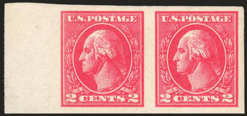 2c Carmine, Ty. VII, Imperforate (534B).> Horizontal pair, barest trace of hinging, large margins incl. 13mm sheet margin at left, radiant color and strong Type VII characteristics<><>^EXTREMELY FINE PAIR OF THE
RARE TYPE VII IMPERFORATE OFFSET STA
