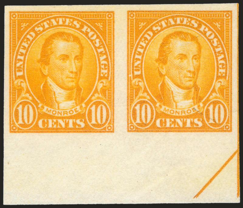 10c Orange, Imperforate Pair (562b).> Horizontal pair, unused (no gum) as are all known examples, large to huge margins incl. <sheet margin with part arrow at bottom,> vibrant color<><>^VERY FINE AND SCARCE. A
DESIRABLE BOTTOM SHEET-MARGIN PAIR OF