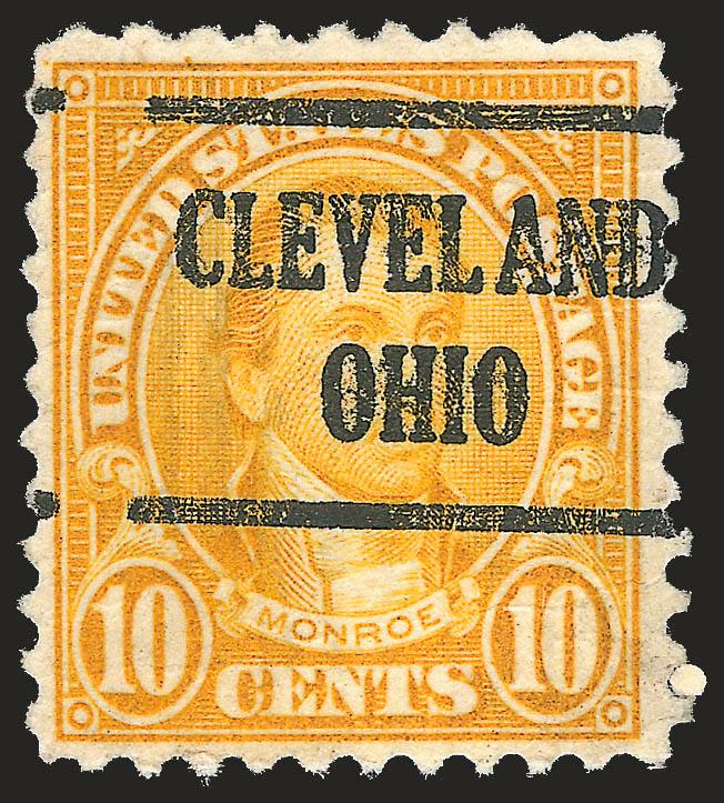10c Orange, Perf 10 at Top (562c).> Bold Cleveland Ohio precancel, bright color, few slight creases<><>^FINE APPEARANCE. A RARE EXAMPLE OF THE 10-CENT 1922 PERF 10 AT TOP OR BOTTOM VARIETY. ONLY TWELVE SINGLES
AND TWO PAIRS ARE KNOWN TO US.^<><