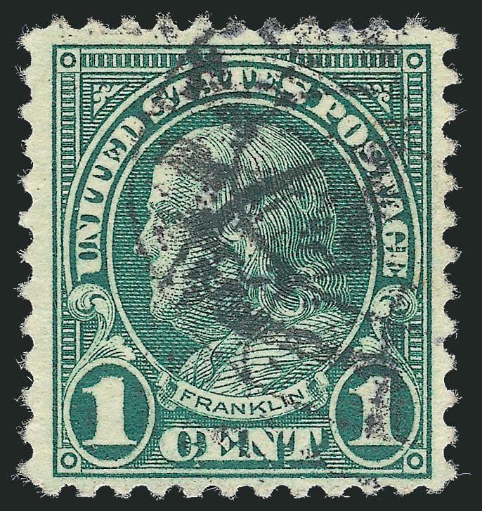 1c Green, Rotary, Perf 11 (594).> Bold cancels, intense color, choice centering for this difficult issue<><>^EXTREMELY FINE EXAMPLE OF SCOTT 594. ONE OF THE RAREST 20TH CENTURY STAMPS IN SOUND AND CENTERED
CONDITION.^<><>The 1c Green, Scott 594,
