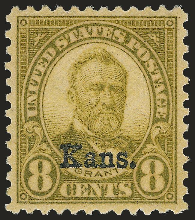 8c Kans. Ovpt. (666).> Mint N.H., pretty shade, mathematically perfect centering, long and full perforations all around<><>^EXTREMELY FINE GEM. THIS FANTASTIC STAMP HAS BEEN GRADED GEM 100 BY P.S.E. -- THIS IS
THE HIGHEST GRADE AWARDED TO DATE AND