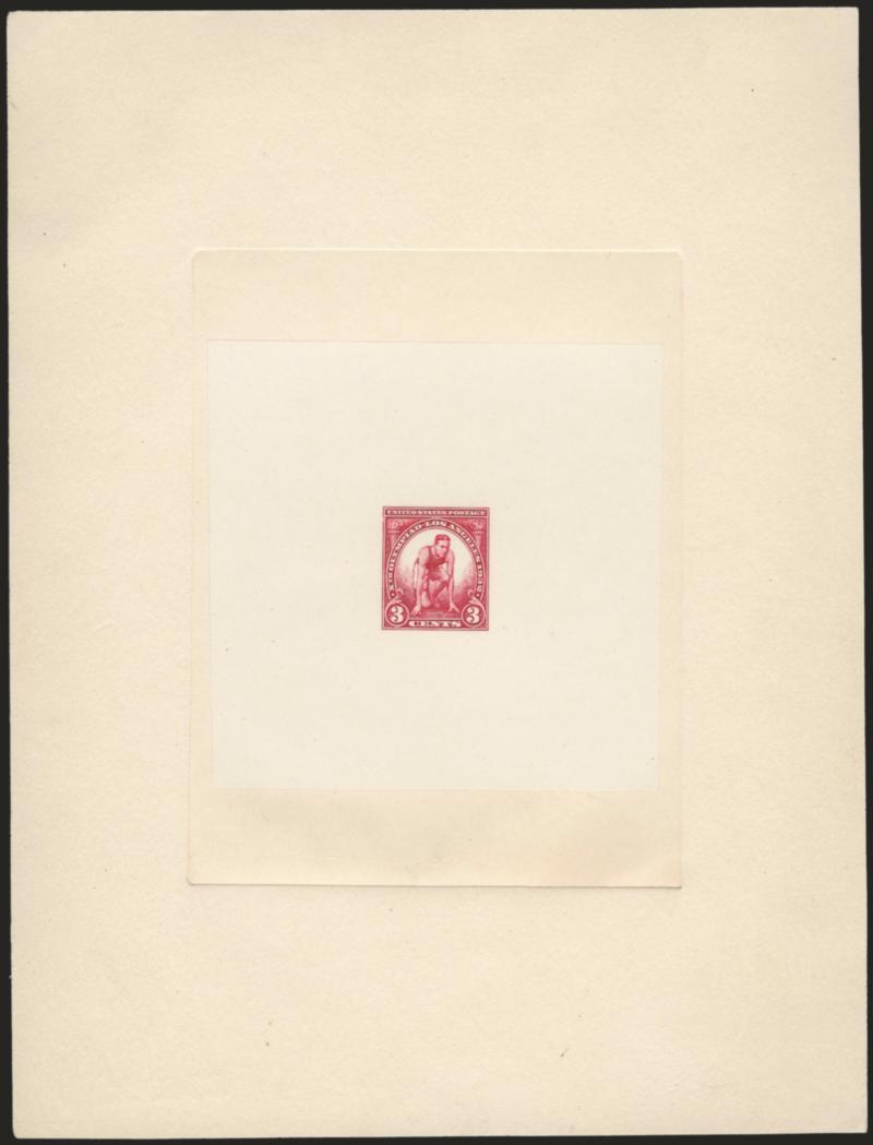 3c Olympics, Carmine, Large Die Trial Color Proof on India (718P1).> On 154 x 202mm card with full die sinkage, black control no. 70020 on back, radiant color<><>^EXTREMELY FINE. THE UNIQUE LARGE DIE TRIAL COLOR
PROOF FOR THE 1932 3-CENT OLYMPICS