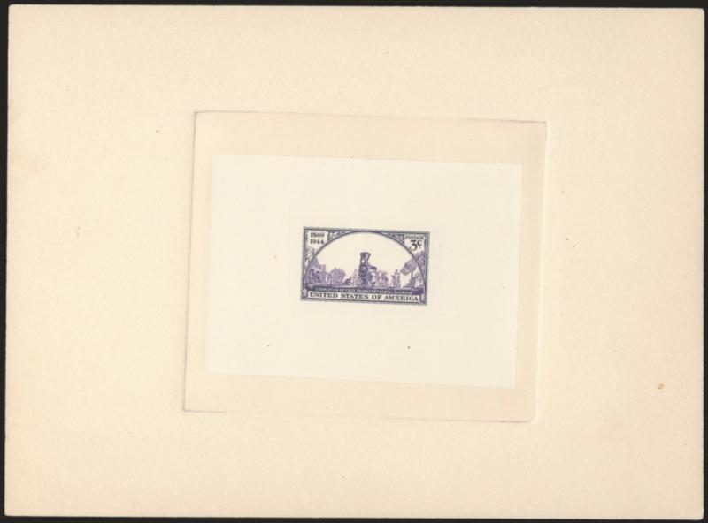 3c Transcontinental Railroad, Progressive Die Essays (922-E Unlisted in Scott)> Five items, first four are die essays on India, mounted on approximately 200 x 148mm card with full die sinkage, last item large
die proof in same format, each with blue