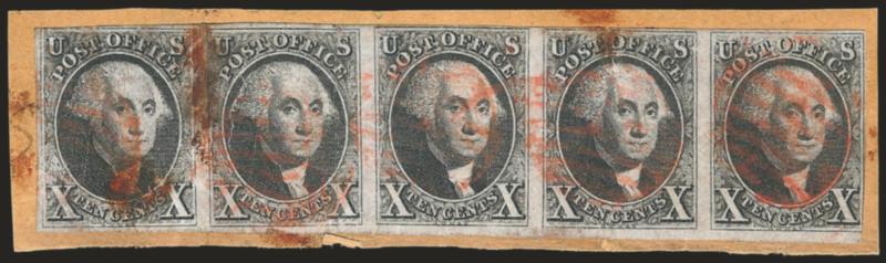 10c Black (2).> Horizontal strip of five, Positions 85-89L1, large margins to in, tied by red grid cancels on small piece, few flaws incl. creases, tears and scrapes<><>^FINE-VERY FINE APPEARANCE. AN EXTREMELY
RARE HORIZONTAL STRIP OF FIVE OF THE 1