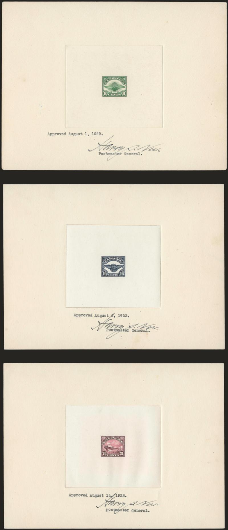8c-24c 1923 Air Post, Large Die Proofs on India (C4P1-C6P1).> Each die sunk on approximately 201 x 151mm card with full die sinkage, 8c is on wove paper, each with typed approval date and <each signed by
Postmaster General Harry S. New,> blue control