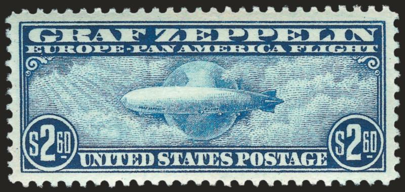 $2.60 Graf Zeppelin (C15).> Outstanding perfectly balanced wide margins, intense color and with the barest trace of hinging<><>^EXTREMELY FINE GEM.THIS MARVELOUS STAMP HAS BEEN AWARDED THE GRADE OF GEM 100 BY
P.S.E.^<><>With 2007 P.S.E. certifica