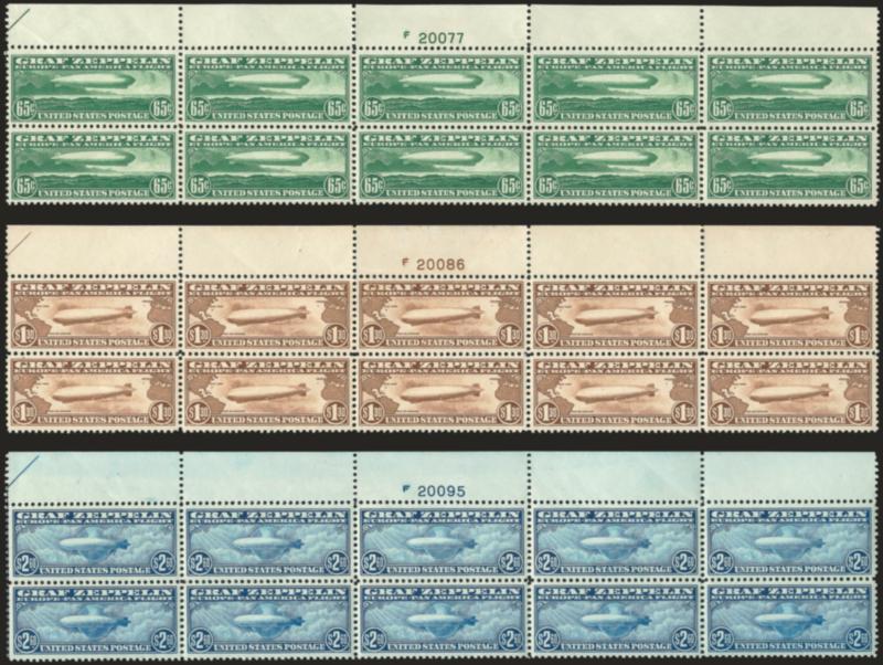 65c-$2.60 Graf Zeppelin (C13-C15).> Mint N.H. top plate no. blocks of ten, part arrows at left, rich colors, choice centering throughout, usual light natural gum skips and bends<><>^EXTREMELY FINE. AN IMPRESIVE
AND ULTRA HIGH-QUALITY SET OF LARGE-S