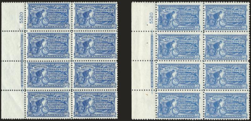 10c Ultramarine, Special Delivery (E9, E11).> Left imprint and plate no. 5520 blocks of eight, lightly hinged, bright colors<><>^FINE-VERY FINE. THE SIDE IMPRINT AND PLATE NUMBER BLOCKS OF EIGHT FOR THESE
SPECIAL DELIVERY ISSUES ARE EXTREMELY RARE.