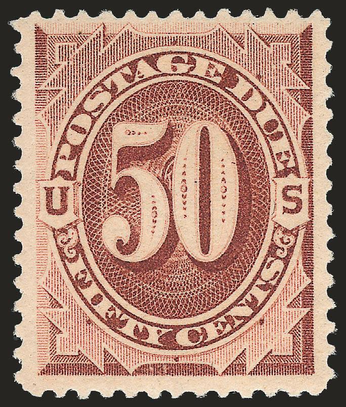 50c Red Brown (J21).> Mint N.H., brilliant color, crisp impression, wide margins<><>^VERY FINE. AN ATTRACTIVE MINT NEVER-HINGED EXAMPLE OF THE 50-CENT 1884 RED BROWN POSTAGE DUE.^<><>With 2003 and 2006 P.S.E.
certificates