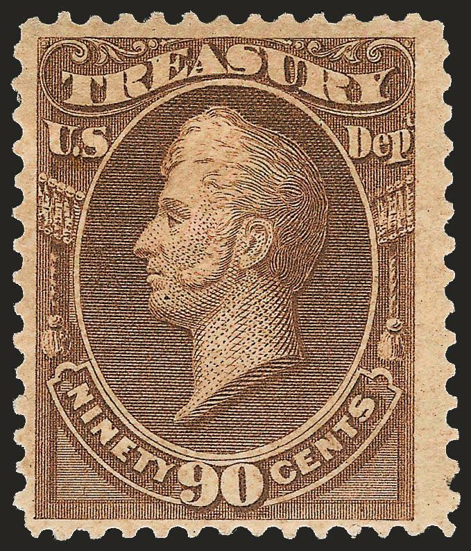 90c Treasury, Soft Paper (O113).> Original gum, lightly hinged, excellent color, tiny insignificant central thin spot typical of this soft paper issue<><>^VERY FINE APPEARANCE FOR THIS EXTREMELY RARE ISSUE.
STAMPS PURPORTED TO BE THE 90-CENT TREASU