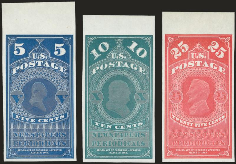 5c-25c Newspaper, 1875 Special Printings (PR5 var-PR7 var).> Without gum as issued, each with top margin, huge margins other sides, brilliant colors<><>^EXTREMELY FINE. A RARE AND DESIRABLE SET OF THE 1875
CONTINENTAL BANK NOTE COMPANY SPECIAL PRIN