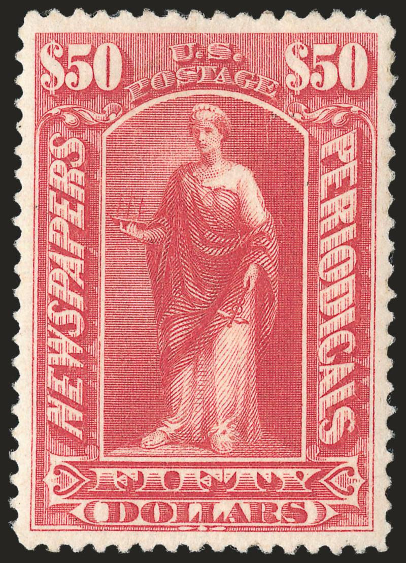 $50.00 Dull Rose, 1895 Issue (PR112).> Original gum, brilliant color on bright paper, unusually wide and well-balanced margins<><>^EXTREMELY FINE. A BEAUTIFUL ORIGINAL-GUM EXAMPLE OF THE $50.00 1895
UNWATERMARKED NEWSPAPER ISSUE.^<><>With 1988 an
