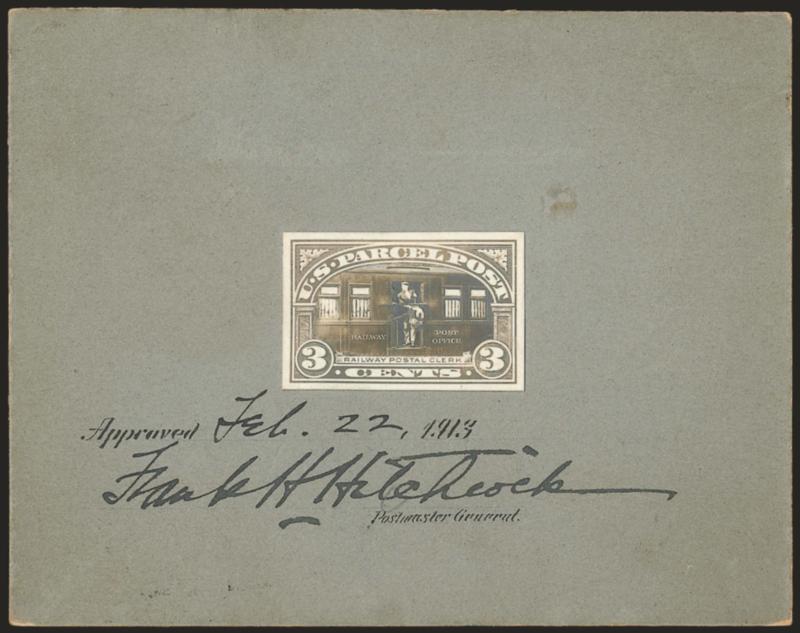 3c Parcel Post, Model Essay on Thick Gray Cardboard (Q3-E2).> Stamp-size photographic essay which has wash drawing, mounted on 122 x 97mm card with pre-printed Approved and ms. Feb. 22, 1913 and signed by
Postmaster General Frank Hitchcock, few i