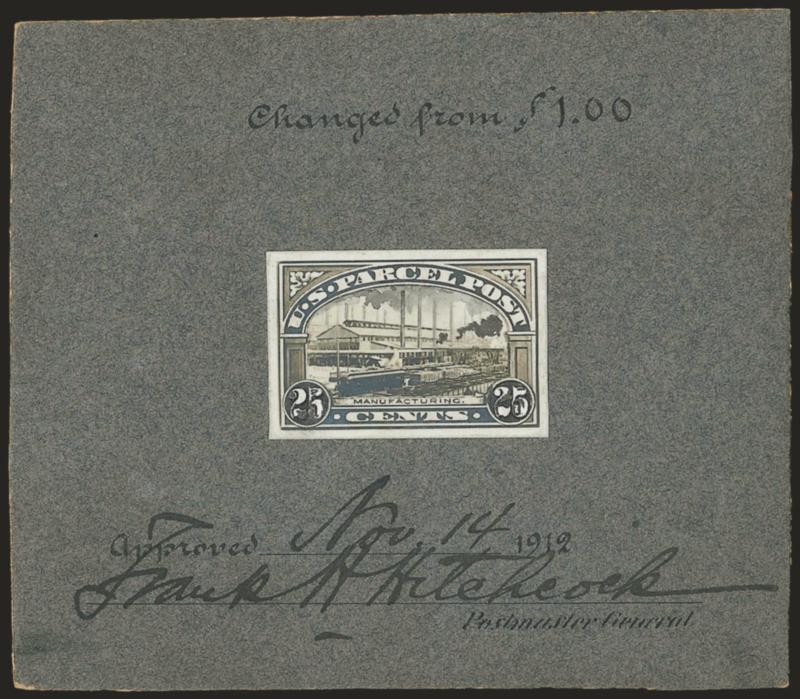 25c Parcel Post, Model on Thick Gray Cardboard (Q9-E1).> Stamp-size photographic essay which has wash drawing, mounted on 105 x 92mm card with pre-printed Approved and ms. <<Changed from $1.00>> at top and also
with ms. <<Nov. 14>> and signed b