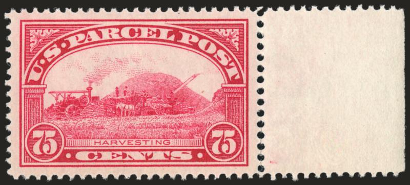75c Parcel Post (Q11).> Mint N.H. with right selvage, fabulous Jumbo margins and mathematically centered, fresh and crisp, vivid color<><>^EXTREMELY FINE GEM. ACCORDING TO THE P.S.E. POPULATION REPORT THIS IS
THE ONLY MINT NEVER-HINGED EXAMPLE TO A