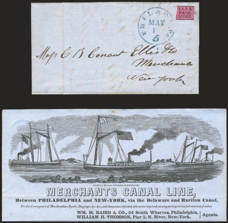 U.S.P.O., Philadelphia Pa., 1c Black on Rose, L S (7LB4).> Framelines at top and bottom and parts of sides, uncancelled, blue Philada. Pa. 5 May 1(2) integral-rate circular datestamp on blue May 12, 1849 folded
letter with beautiful illustrated M