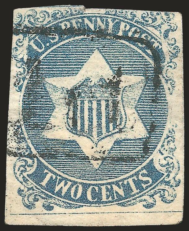 U.S. Penny Post, St. Louis Mo., 2c Blue (8LB3).> Ample to large margins except touched at top, cancelled by 1 ct in frame, tiny thin spot and small diagonal corner crease<><>^FINE APPEARANCE. THE ONLY OFF-COVER
STAMP AMONG THE FIVE RECORDED EXAMP