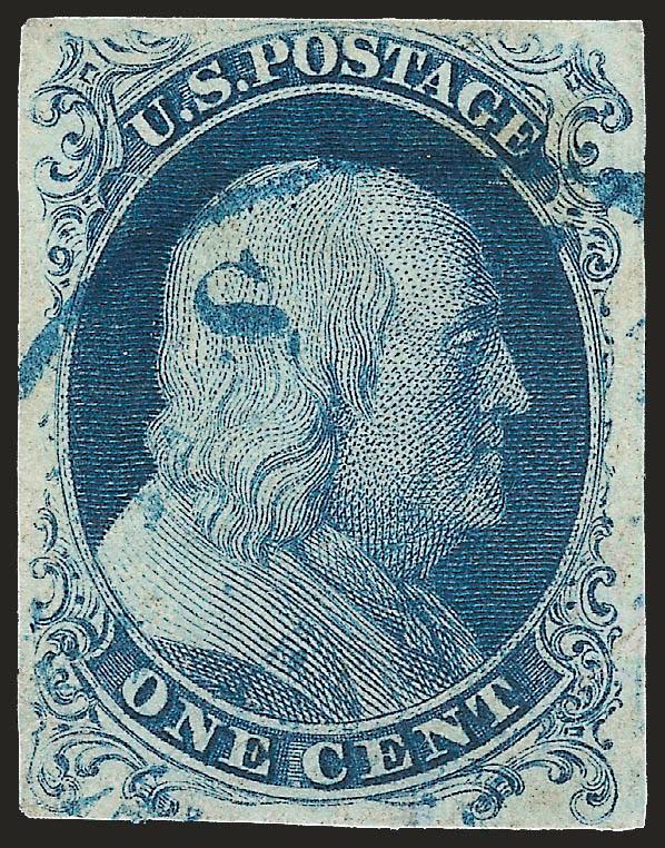 1c Blue, Ty. Ia (6).> Full margins all around showing complete design at bottom, deep Plate 4 color on fresh paper, neat, face-free blue town cancel, diagonal crease at bottom right and light stain at top
right<><>^EXTREMELY FINE APPEARING EXAMPLE