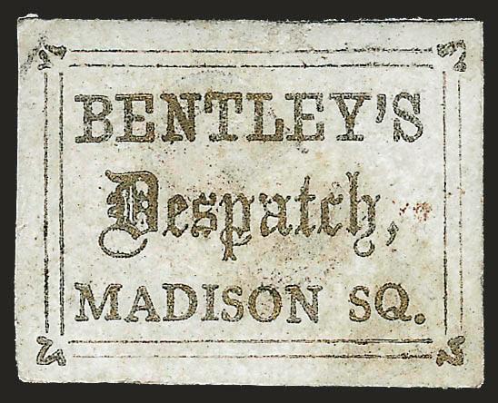 Bentleys Dispatch, New York N.Y., (unstated value) Gold (10L2).> Large margins, lightly inked but clearly impressed Paid cancel, small scuff in enamel surface at top<><>^EXTREMELY FINE APPEARANCE. A CHOICE
EXAMPLE OF THE RARE BENTLEYS 10L2 STAM