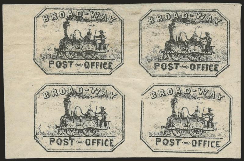 Broadway Post Office, New York N.Y., (1c) Black (26L2).> Left sheet margin block of four, original gum, large margins, horizontal crease in top pair and right margin, appears Very Fine, fresh, attractive
multiple, with 1992 P.F. certificate