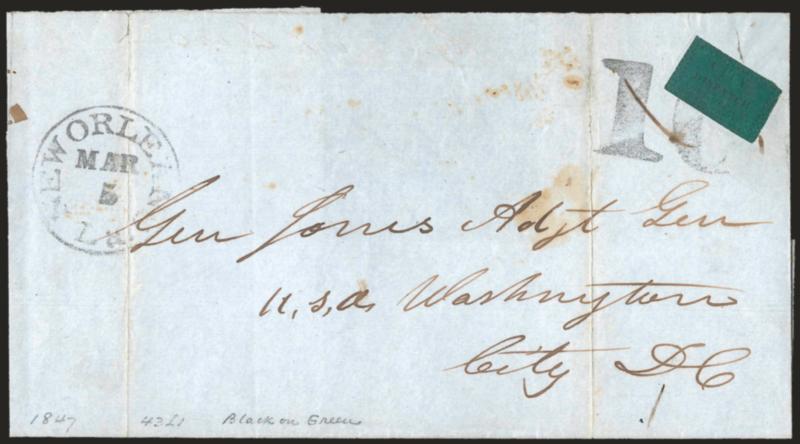 City Dispatch Post Office, New Orleans La., (5c) Black on Green Glazed (43L1).> Comma after Office, uncancelled, affixed to a folded cover but did not originate<><>^VERY FINE EXAMPLE OF THE NEW ORLEANS CITY
DISPATCH POST OFFICE ISSUE. ONLY THREE