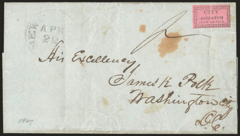 City Dispatch Post Office, New Orleans La., (5c) Black on Pink Glazed (43L2).> Period after Office, large margins to barely touched along right ornaments, uncancelled, tied by vertical filing crease, partly
clear New Orleans La. Apr. 22 circular