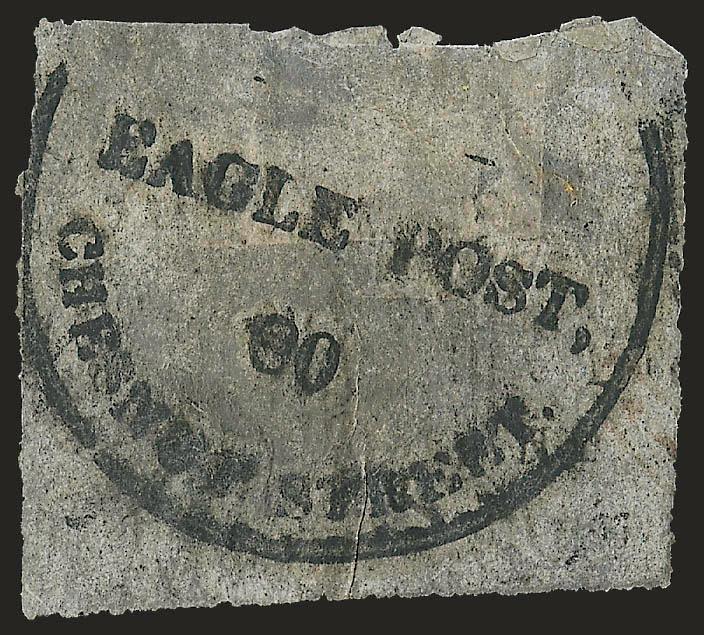 Eagle City Post, Philadelphia Pa., (2c) Black on Pelure (61L1).> Original gum, small h.r., bold impression of ^EAGLE POST, 80 CHESNUT STREET^ with circular rim terminating within the margins of the stamp,
suggesting a part strike, top edge slightly