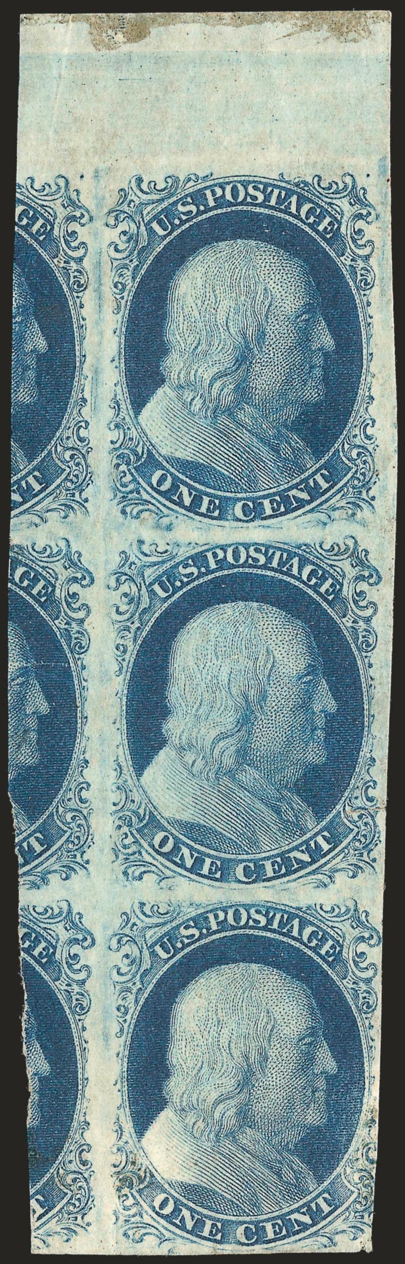 1c Blue, Ty. IIIIIaIIIa, Plate 4 (78A8A).> Positions 71727L4, vertical strip of three with Type II at top and two Type IIIa stamps below, disturbed brownish original gum, sheet margin at top, generously cut from
sheet at left showing substantia