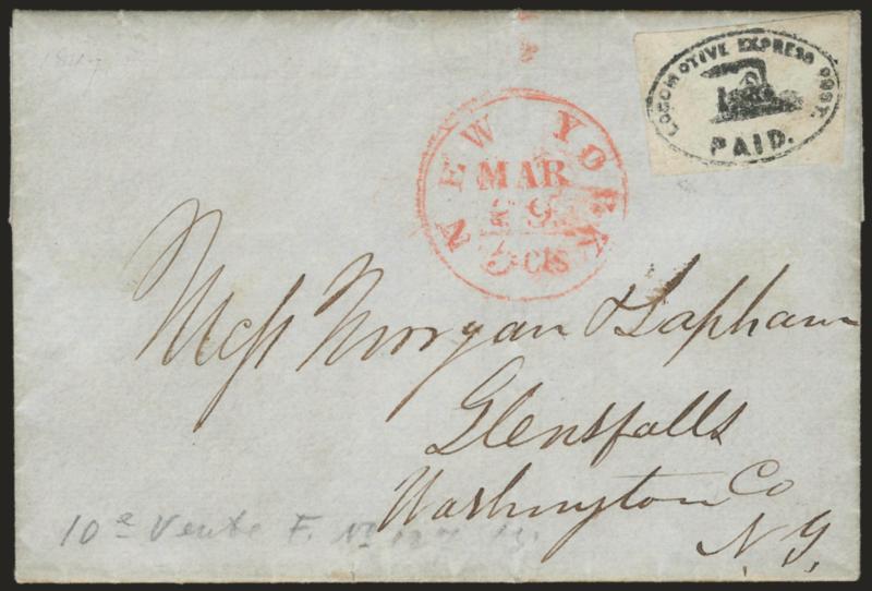 Locomotive Express Post, (unstated value) Black (97L1).> Clear handstamped strike of illustrated locomotive oval on bright white stamp paper, uncancelled, used on folded letter datelined <<New York March 27,
1847>> and addressed to Morgan & Lapham