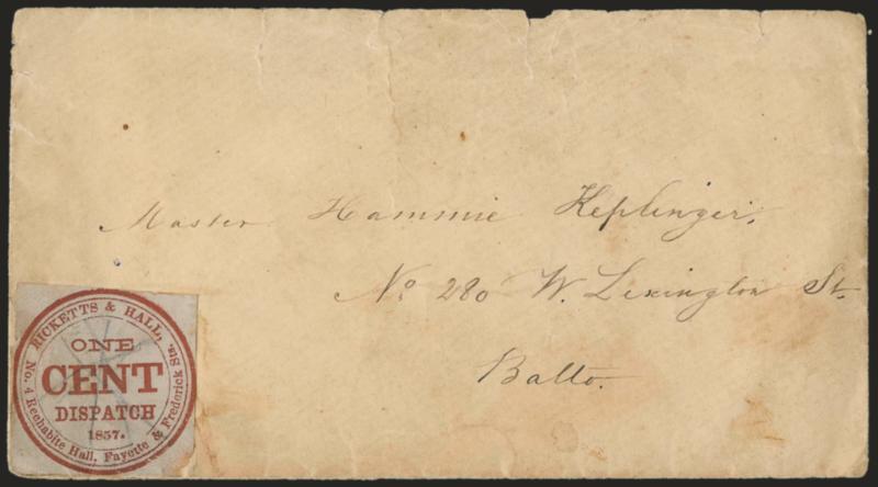 Ricketts & Hall, Baltimore Md., 1c Red on Bluish (127L1).> Square margins mostly clear of circular frame, pencil cancel, used on cover addressed to <<Master Hammie Keplenger, No. 280 W. Lexington St. Balto.>>,
accompanied by Valentine enclosure wit