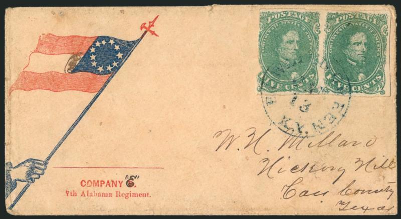 5c Light Green, Stone 2 (1a).> Horizontal pair, full to large margins on three sides, in at left, left stamp tiny nick at lower left, bright shade, tied by mostly clear strike of blue owling Green Ky. Jan. 13>
(1862) circular datestamp on red and