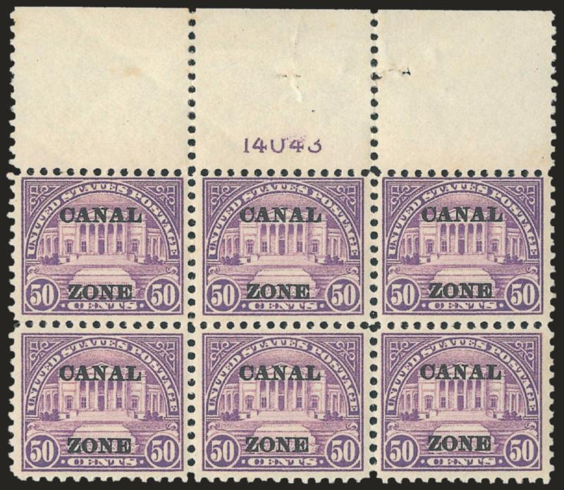 CANAL ZONE, 1924, 50c Lilac, Ty. A Ovpt. (80).> Top plate no. 14043 block of six with wide selvage, lightly hinged, rich color, usual natural gum bends, few toned spots on back, Fine-Very Fine, scarce plate
block