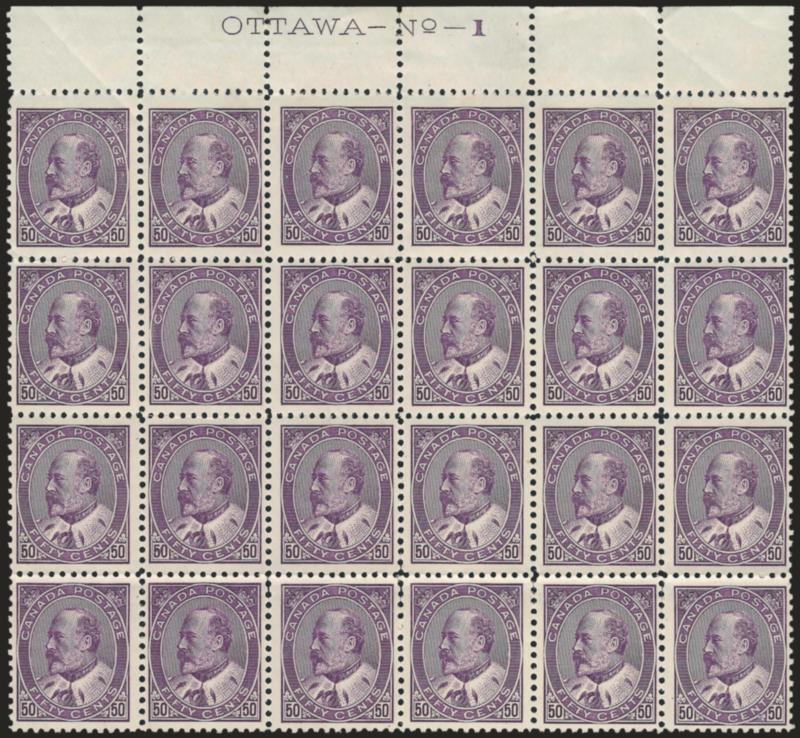 CANADA, 1908, 50c Purple (95 SG 187).> Top imprint and plate no. block of 24, Mint N.H. except two stamps at bottom right lightly hinged where few perf separations expertly rejoined, naturally irregular gum at
top, radiant color, few natural gum ben