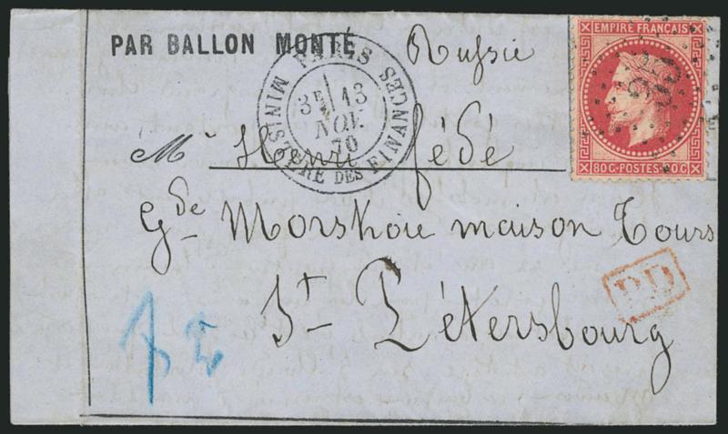 FRANCE, Ballon Monté to Russia.> 80c Napoleon stamp tied by 35 in star of dots cancel, matching Paris, Ministere des Finances 13 NOV. 1870 double-circle datestamp on folded part-printed lettersheet <to St.
Petersburg, Russia,> red boxed PD hand