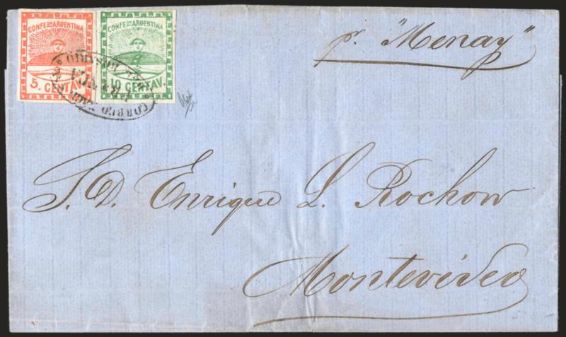 ARGENTINA, 1858, 5c Red, 10c Green (1, 2).> Large margins, tied by well-struck Correio Nacional del Rosario Franca oval handstamp on blue folded cover <to Montevideo, Uruguay,> endorsed <<pr. Menay>> at top
right, Jan. 13, 1859 docketing<><>^VE