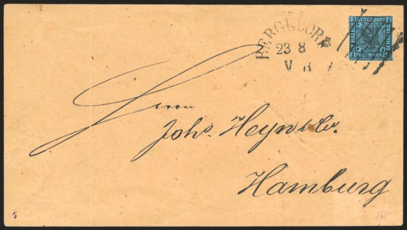 BERGEDORF, 1861, -12s Black on Pale Blue (1 Michel 1).> Large margins to just in, tied by large five-bar grid, matching Bergedorf 23 8 circular datestamp on buff cover to Hamburg, 1866 receiving backstamp, minor
cover wear<><>^FRESH AND FINE. A