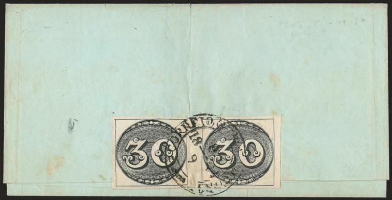 BRAZIL, 1843, 30r Deep Black, Early Impression (1).> Positions 49-50, horizontal pair, large margins, tied by well-struck Correio Geral da Corte 6 1844 9 double-circle datestamp on back of light green folded
letter to Barbacena, vertical file fold