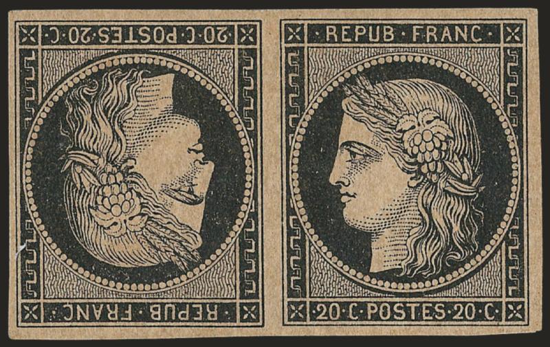 FRANCE, 1849, 20c Black on Yellowish, Tête-Bêche Pair (3c).> Unused (no gum), large and even margins all around, intense shade and impression<><>^VERY FINE AND CHOICE. A BEAUTIFUL UNUSED TÊTE-BÊCHE PAIR OF THE
FRANCE 1849 20-CENTIMES CERES ISSUE.^<