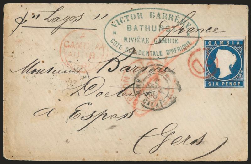 GAMBIA, 1869, 6p Blue (2 SG 3a).> Large margins all around, deep shade on bright paper, tied by red PD in circle, red A Gambia Au 18 69 circular datestamp on small cover <to Mangiet, France,> blue Victor
Barrere, Bathurst, Riviere Gambie, Cote