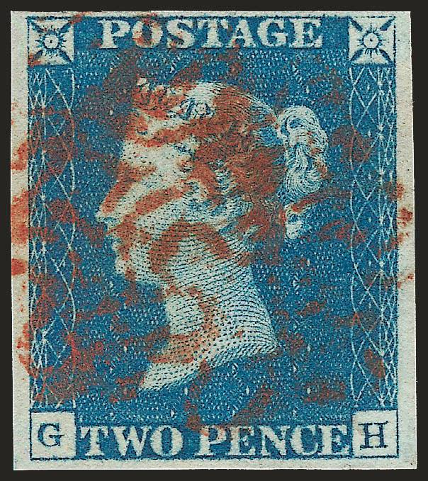 GREAT BRITAIN, 1840, 2p Pale Blue (2 SG 5 or SG D1(3)vh).> Plate 1, large margins to full, pretty shade which is nicely complemented by well-struck red <Wotton-under-Edge Maltese Cross> cancel<><>^VERY FINE AND
CHOICE. THIS DISTINCTIVE RED MALTESE