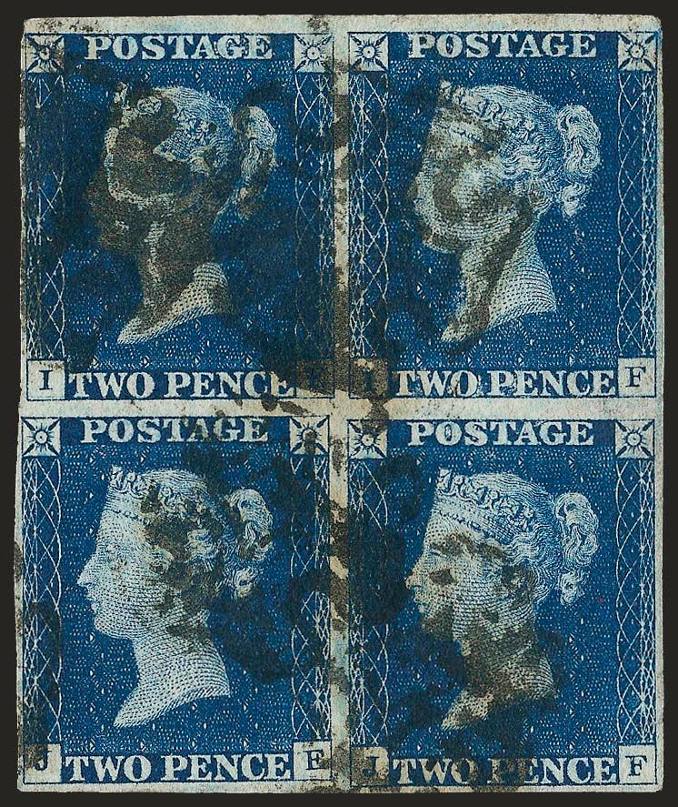 GREAT BRITAIN, 1840, 2p Deep Blue (2 SG 4).> Block of four from Plate 1, IE-IFJE-JF, full margins to clear, bold black Maltese Cross cancels, top right stamp light diagonal crease<><>^VERY FINE APPEARANCE. A
RARE BLOCK OF FOUR OF THE GREAT BRITAI