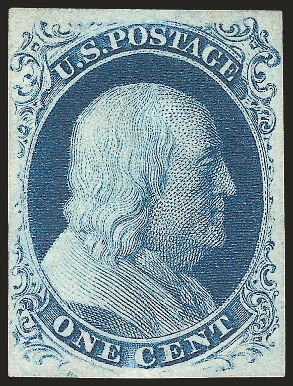 1c Blue, Ty. III (8).> Original gum, lightly hinged, large margins all around, deep rich Plate 4 color and proof-like impression with unusually wide breaks in top and bottom outer lines<><>^EXTREMELY FINE. THIS
IS WITHOUT QUESTION ONE OF THE FINEST