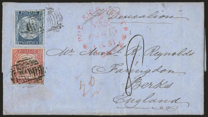 NEW SOUTH WALES, 1850-51, 1p Red on Yellowish Wove, 2p Blue on Bluish Wove (2, 7 SG 8, 33).> Large and even margins, tied by barred ovals on blue folded letter datelined <almain Aug. 12, 1851>> <to Faringdon,
England,> red Paid Ship Letter Sydn