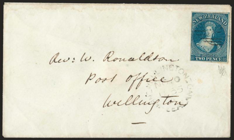 NEW ZEALAND, 1855, 2p Deep Blue (2 SG 2).> Large margins, cancelled by grid, Pepte, New Zealand, NO 8, 1855 backstamp on cover to Wellington, receiving circular datestamp, few small stains expertly removed from
around stamp<><>^VERY FINE APPEARA
