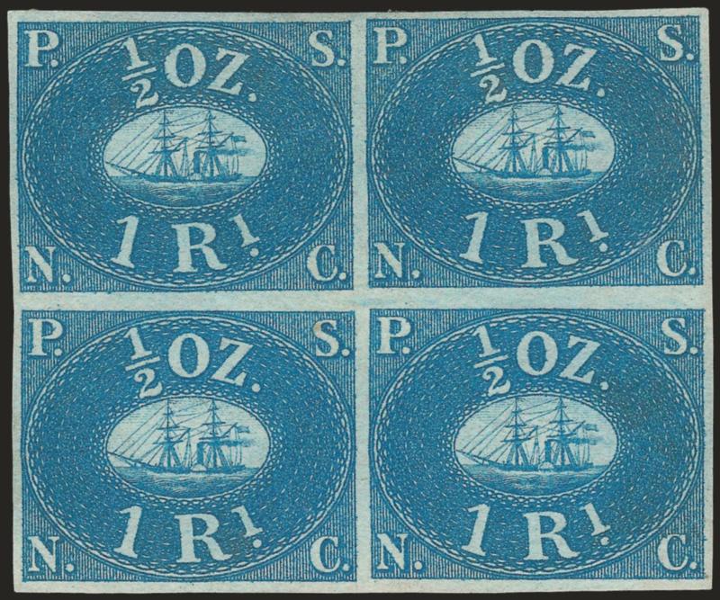 PERU, 1857, 1r Blue on Bluish (1).> Block of four, original gum, large and even margins, bright color, tiny thin speck at bottom right<><>^VERY FINE AND CHOICE. A BEAUTIFUL ORIGINAL-GUM BLOCK OF FOUR OF THE 1857
ONE-REAL PACIFIC STEAM NAVIGATION CO
