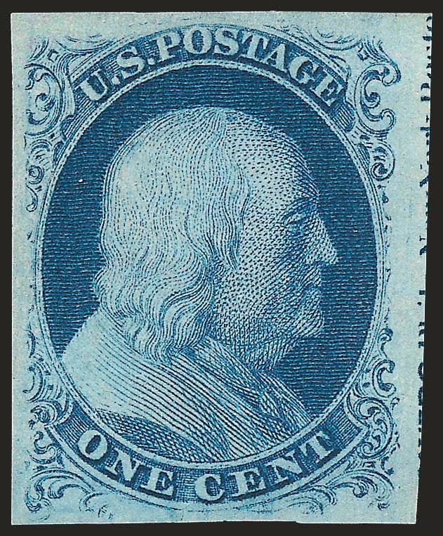 1c Blue, Ty. IIIa (8A).> Position 50R4 with very wide break in line at top, unused (no gum), huge margins all around with <part of imprint at right,> deep rich color and spectacular proof-like
impression<><>^EXTREMELY FINE GEM. A SUPERB AND EXTREME
