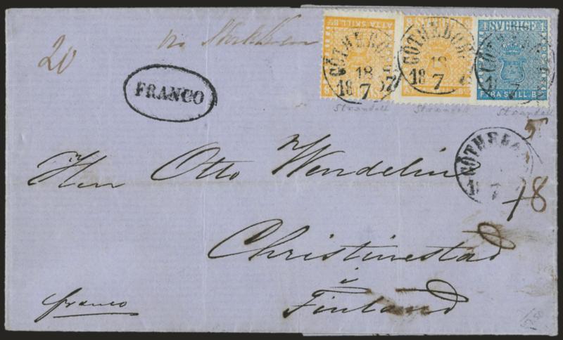 SWEDEN, 1855, 2s Blue, 8s Bright Yellow (2, 4c Facit 2f, 4d).> Two 8s, brilliant colors, tied by Gothebourg 18 7 1857 circular datestamps on blue folded letter <to Christianstad, Finland,> bold Franco in oval
handstamp, left stamp light pre-prin